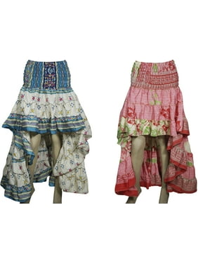Mogul Womens 2pc Hi Low Skirt Recycled Vintage Sari Gypsy Fashion Long Skirt Ruffle Flirty Flare Summer Skirts S/M