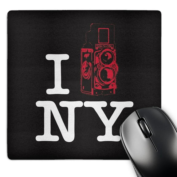 3dRose, I Photographed New York - White text and red camera on black background, MousePad