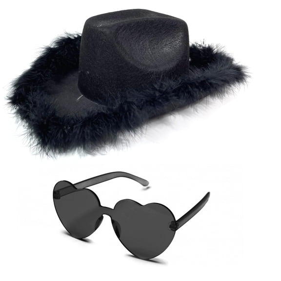 4E’s Novelty Black Cowboy Hat with Feathers & Heart Sunglasses – Cowgirl Party Set