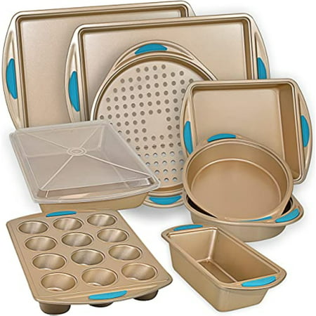 

Baking Pan 10 Piece Set Nonstick Gold Steel Oven Bakeware Kitchen Set with Silicone Handles Cookie Sheets Round Cake Pans 9x13 Pan with Lid Loaf Pan Deep Pan Pizza Crisper Muffin Pan by