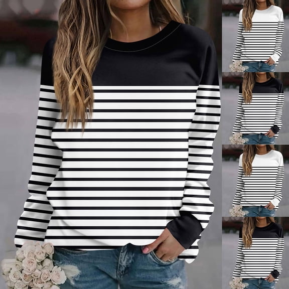 Pxxlle Sweatshirts for Women Trendy Striped Graphic Sweatshirt Casual Crewneck Pullovers Loose Fall Long Sleeve Tops Black S