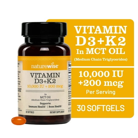 NatureWise Vegan Vitamin D3 10000IU + K2 - Organic Coconut MCT Oil - 30 Softgel[30-Day Supply]
