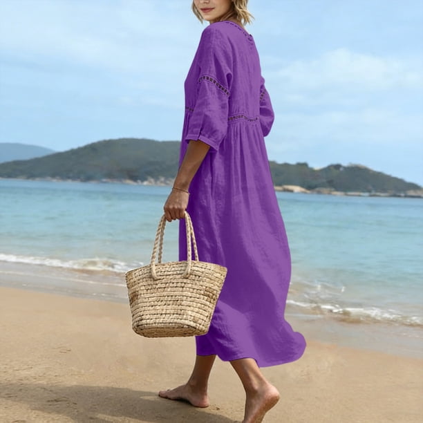 flowy swing dress Ynynloco Women's 100%Cotton Eyelet Embroidery Maxi V-Neck Trumpet Sleeve Boho Dress Summer Vacation Cover Up Dress Collection: WEDDING GUEST/RACES