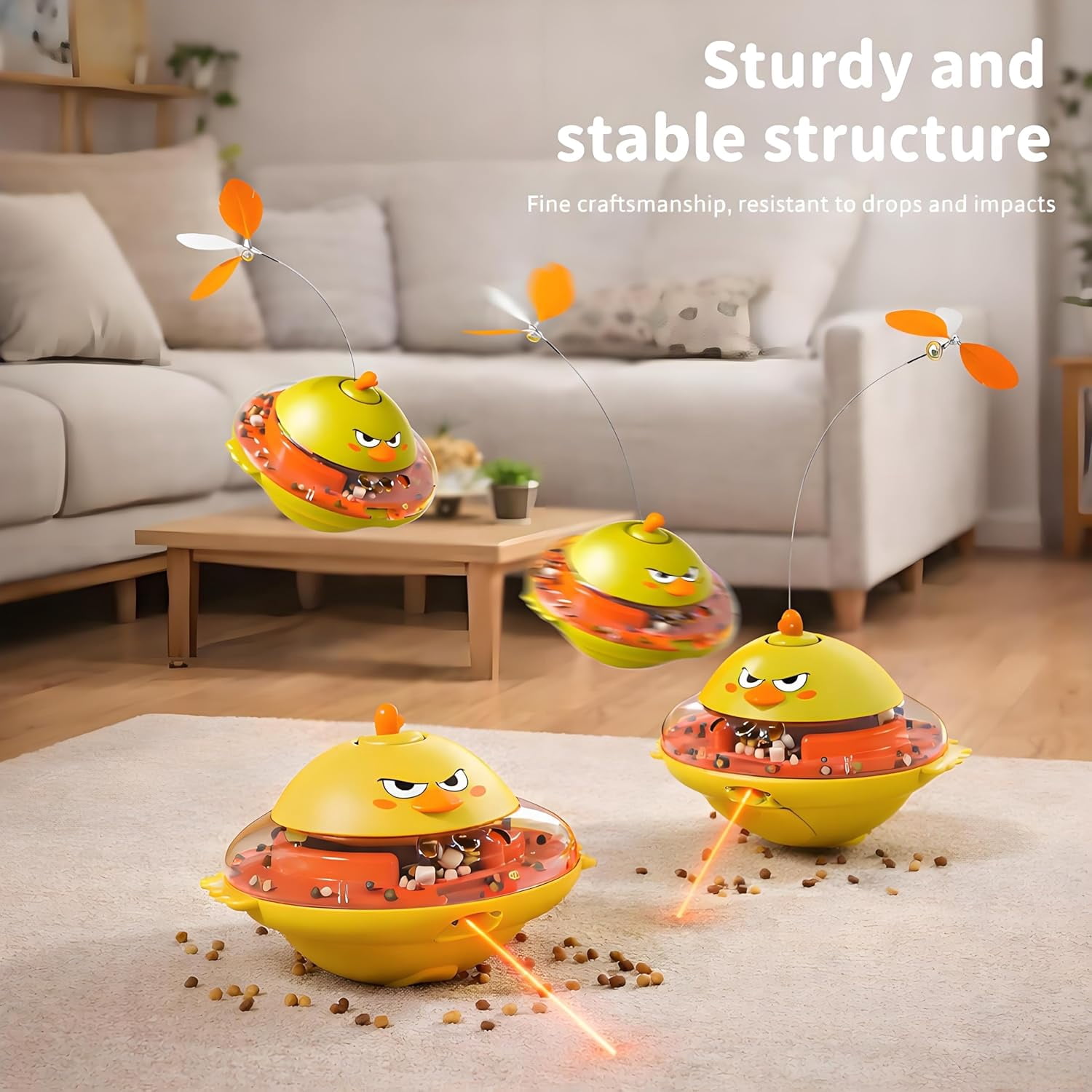 4-in-1 Automatic Cat Interactive Toy, Self-Balancing Spinning Laser Pointer w/Feather Teaser&Treat Dispenser, Bird Chirping, 360 °   Rotation, Quad-Sensory Boredom Relief for Indoor Cats