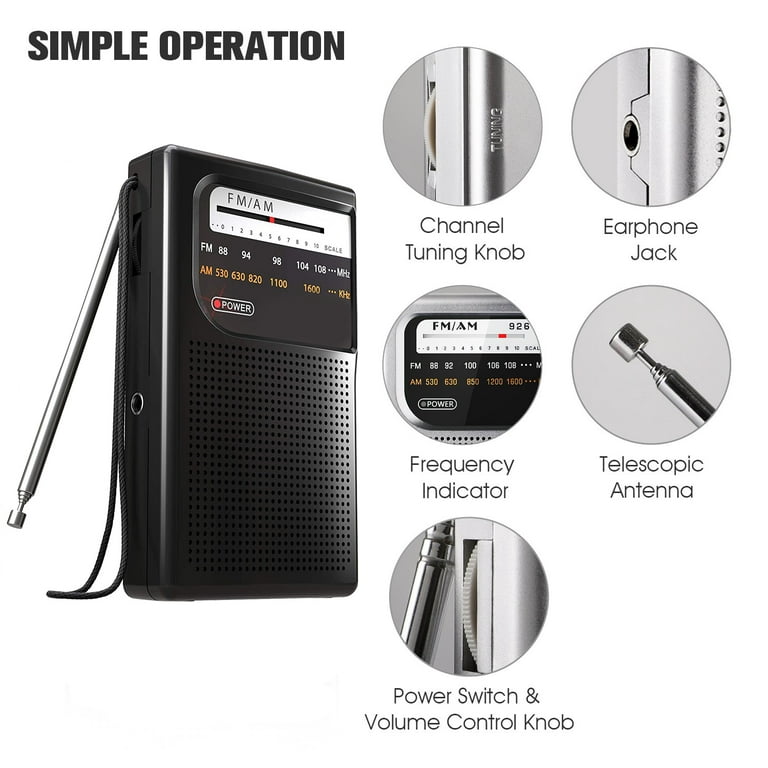 AM FM Radio with Speaker and Earphone Jack, Small Transistor Radio, Battery  Operated, Best Mini Radio Antenna Reception for Emergency by MIKA (Black) 