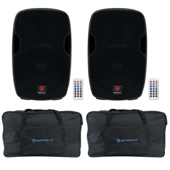 (2) Rockville BPA15 15" Bluetooth 1600w DJ PA Speakers Weatherproof Speaker Bags