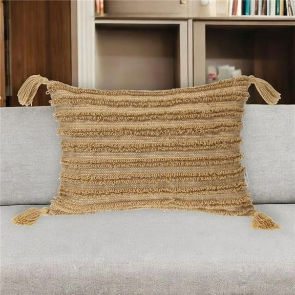 HomeRoots 529233 14 x 20 in. Beige Striped Cotton Throw Pillow with Tassels