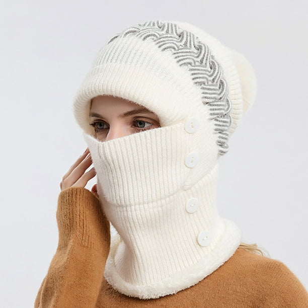 CEHVOM Woman's Winter Warm Neck Guard Head Guard Knitted Hat Scarf Mask In  One Hairball Woolen Cap 