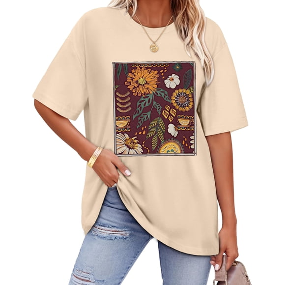 ADOREJOY Camiseta Oversize para Mujer 2XL Beige con Estampado Floral y Cuello Redondo