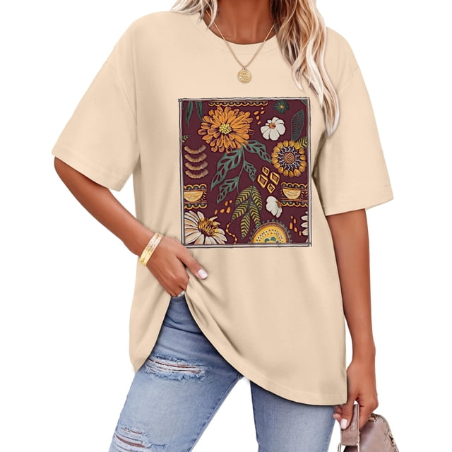 ADOREJOY Camiseta Oversize para Mujer 2XL Beige con Estampado Floral y Cuello Redondo