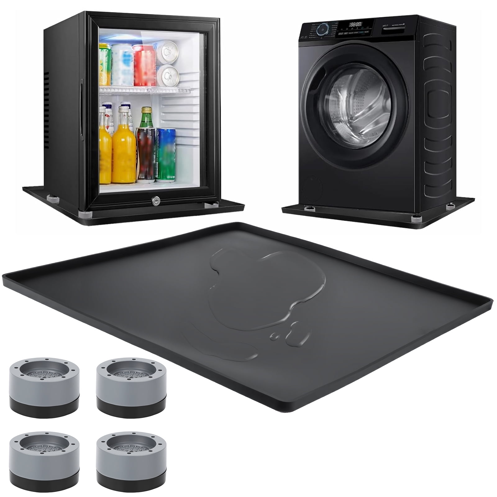 Silicone Refrigerator Mat 60x60x1.5cm with 4 Base Raisers,Washable Under Refrigerator Mat,Non-Slip Floor Protector,Spill-Proof Fridge Tray,Durable Multifunctional Mat for Dryer Mini Fridge.