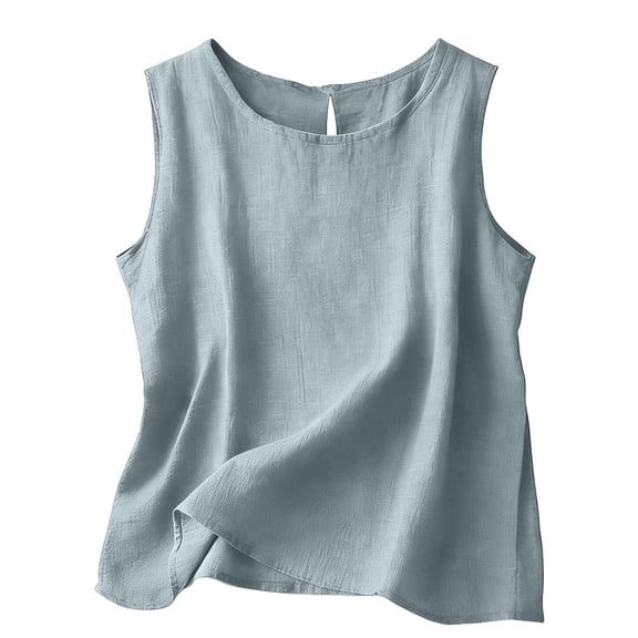 WULMLEO Cotton Linen Tank Tops for Womens Comfy Lounge Wear Summer Sleeveless Crewneck Shirts Casual Blouse Loose Fit Camis Light Blue Cotton-Linen Blend