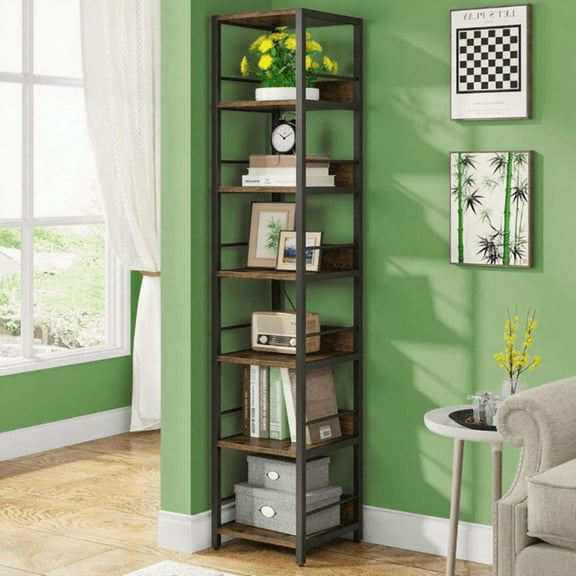 6-Tier Corner Bookshelf, Space-Saving Storage Rack with Fences, Solid Particleboard & Metal Frame, Multipurpose for Living Room, Kitchen, Bathroom