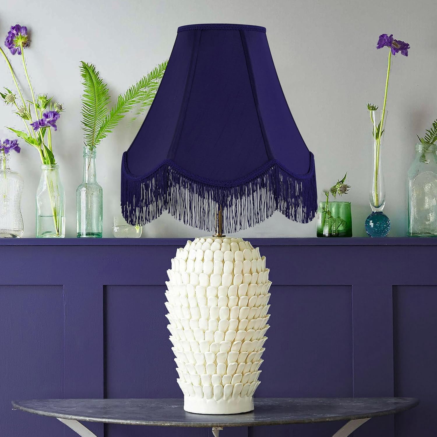 Blue Silk Bell Lamp Shades Set of 2 Petal Edge Braid with Blue Fringe Trim, 6"x13"x10.6"(Spider), Scalloped Lamp Shade Hand Crafted, Replacement Lamp Shades for Table, Floor Lamps,Easy Assembly