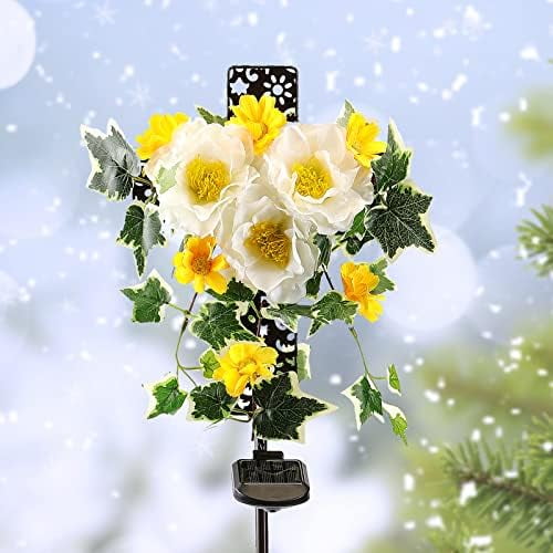 Solar Cross Lights with Three Flowers, Solar Metal Stake with Led Warm White Lights Decorative for Outdoor Remembrance Sympathy Grave Gifts