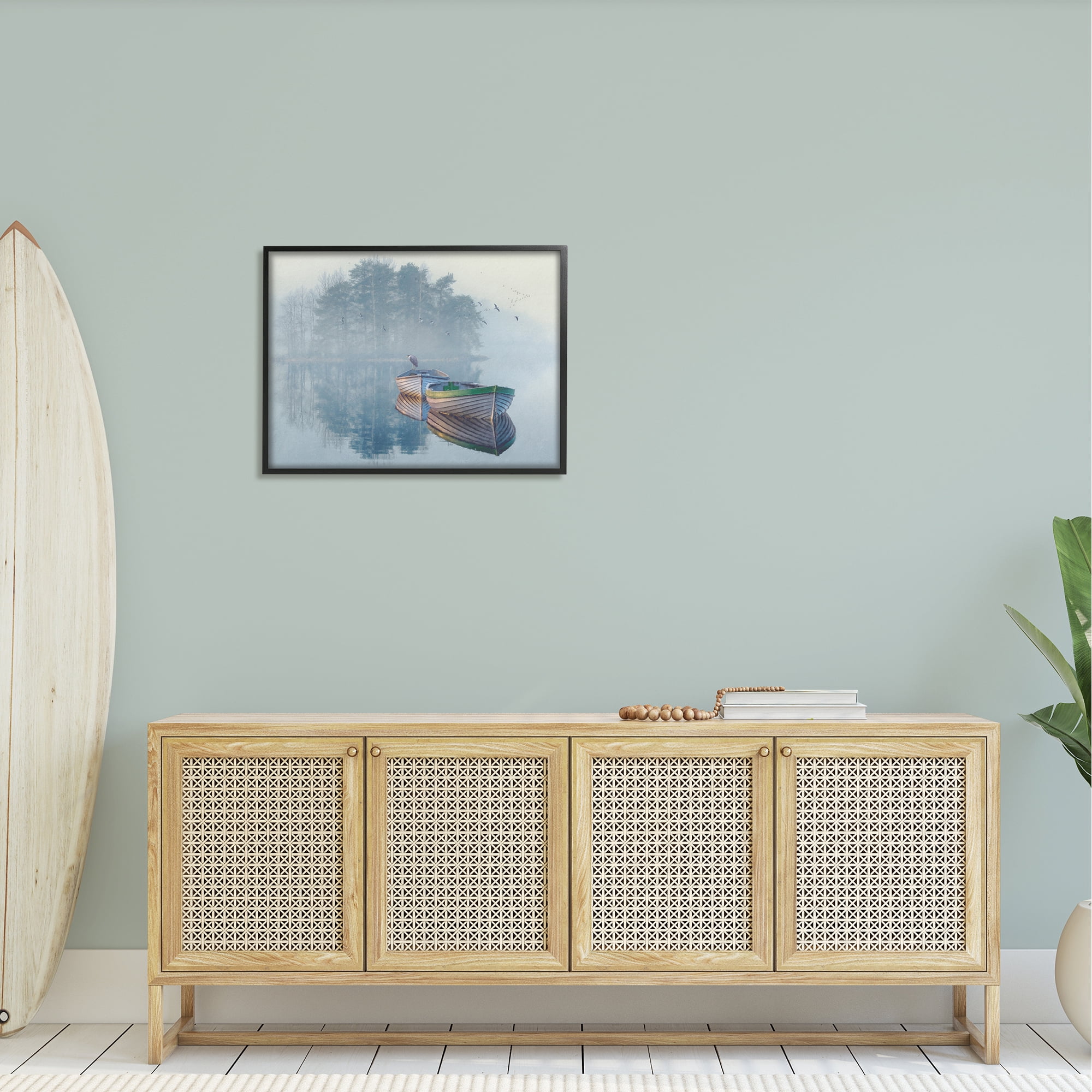 Stupell Foggy Boat Lake Reflection Landscape Painting Black Framed Art Print Wall Art