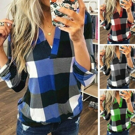 Women Casual Loose Flannel Plaid Shirt Button Stand Collar Tops Blouse