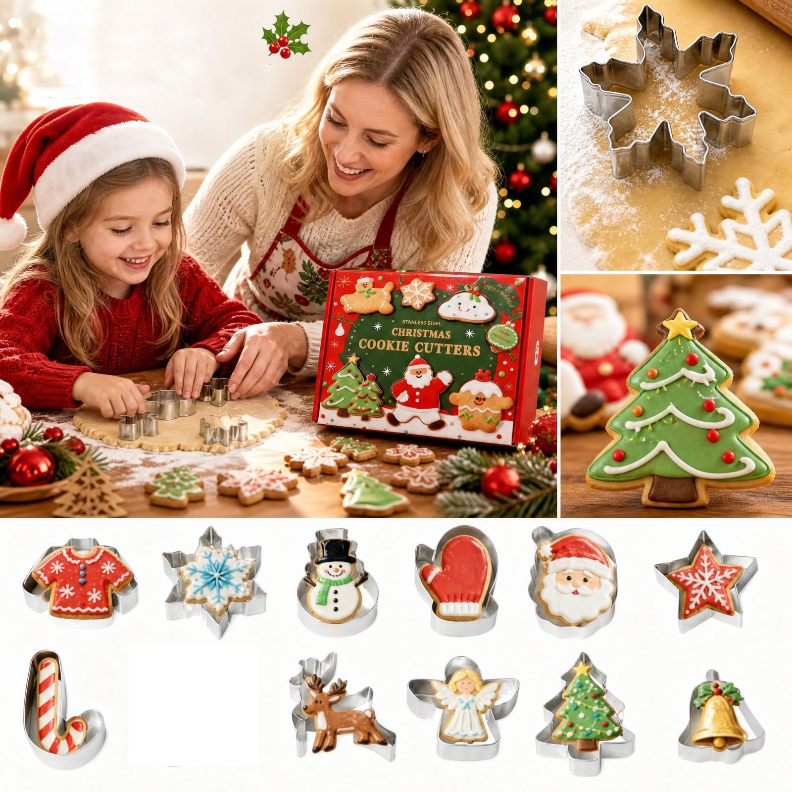 Holiday Cookie Molds Christmas Snowflake Star Shapes Stainless Steel Biscuit Cutters Set for Christmas Baking Holiday Cookie Cutters for Kitchen Treats _##A