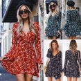 thumbnail image 3 of Femmes Impression Robes Courtes Dames Manches Longues Profonde V-Cou Mini Robe, 3 of 5
