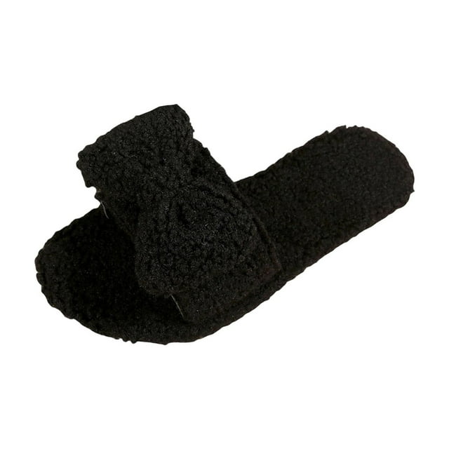 Black Womens Bow Slippers Thick Sole For Fall And Winter Warm Comfort Indoor Wear With Soft Interior And Easy Slip-On Design For Home Use Size 36