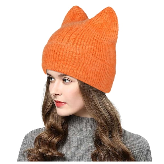 Huyun Womens Cat Ear Beanie Cute Ribbed Knit Hat with EarsSoft Warm Winter Ski Cap for Adult Teens Orange