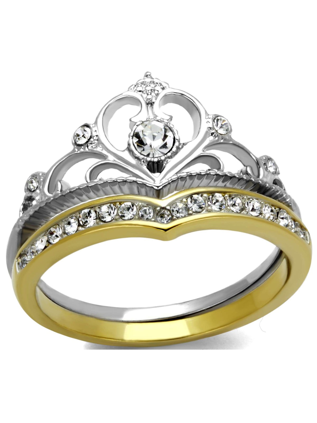 3.5x3.5mm Round CZ TwoTone Gold IP Stainless Steel Crown 2 Rings Set