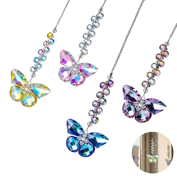 4 Pcs Crystal Butterflies Suncatchers, 3.9 x 1.2 in Crystal Butterfly Hanging Ornament with Hand-Woven Beaded Chains, Rainbow Maker Glass Butterfly Decorations for Home Garden Window Patio Decor