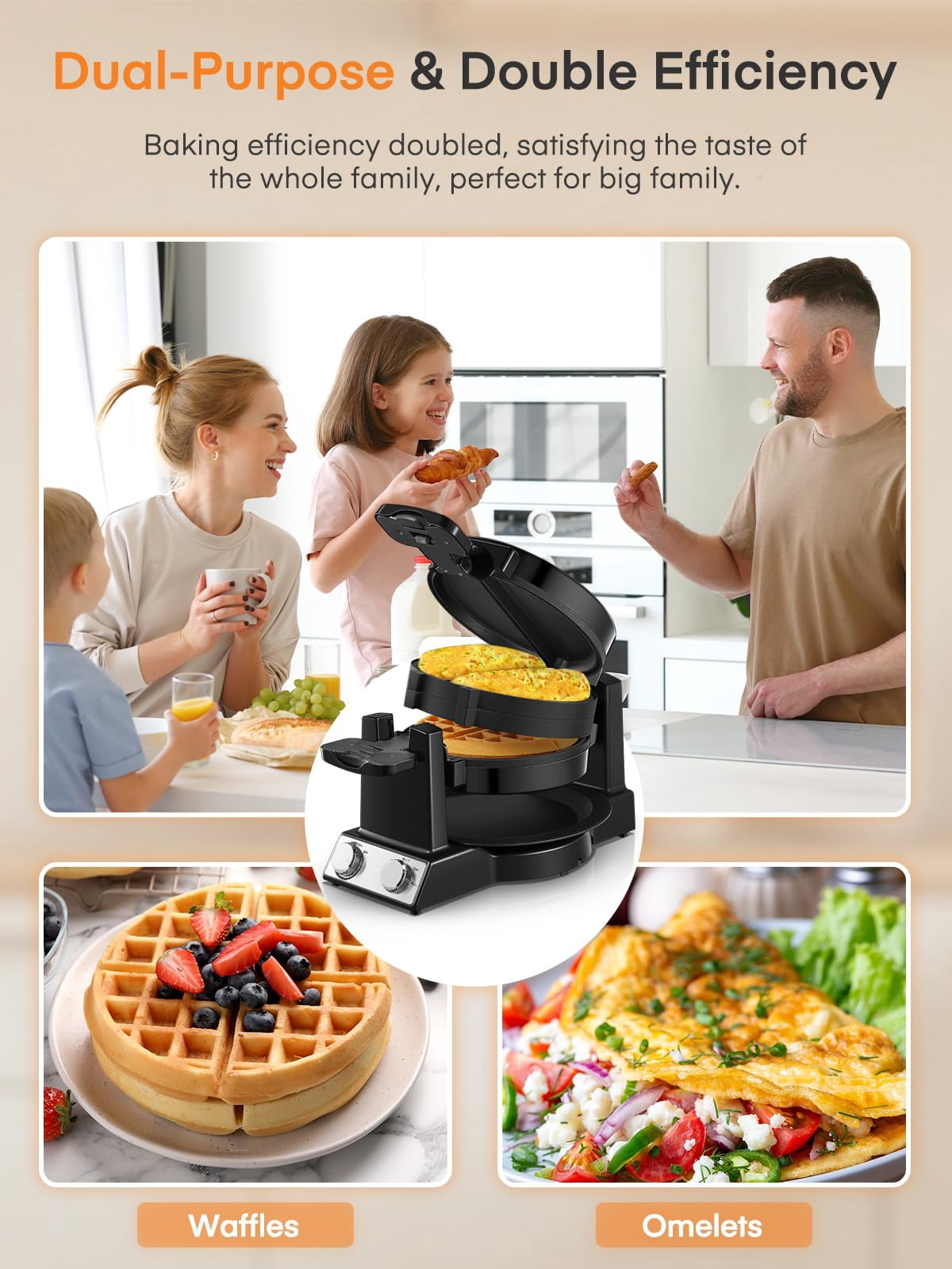 FOHERE 2-in-1 Waffle Maker & Omelette Maker, 1400W 180° Flip Rotating & Nonstick Pans, Black, New