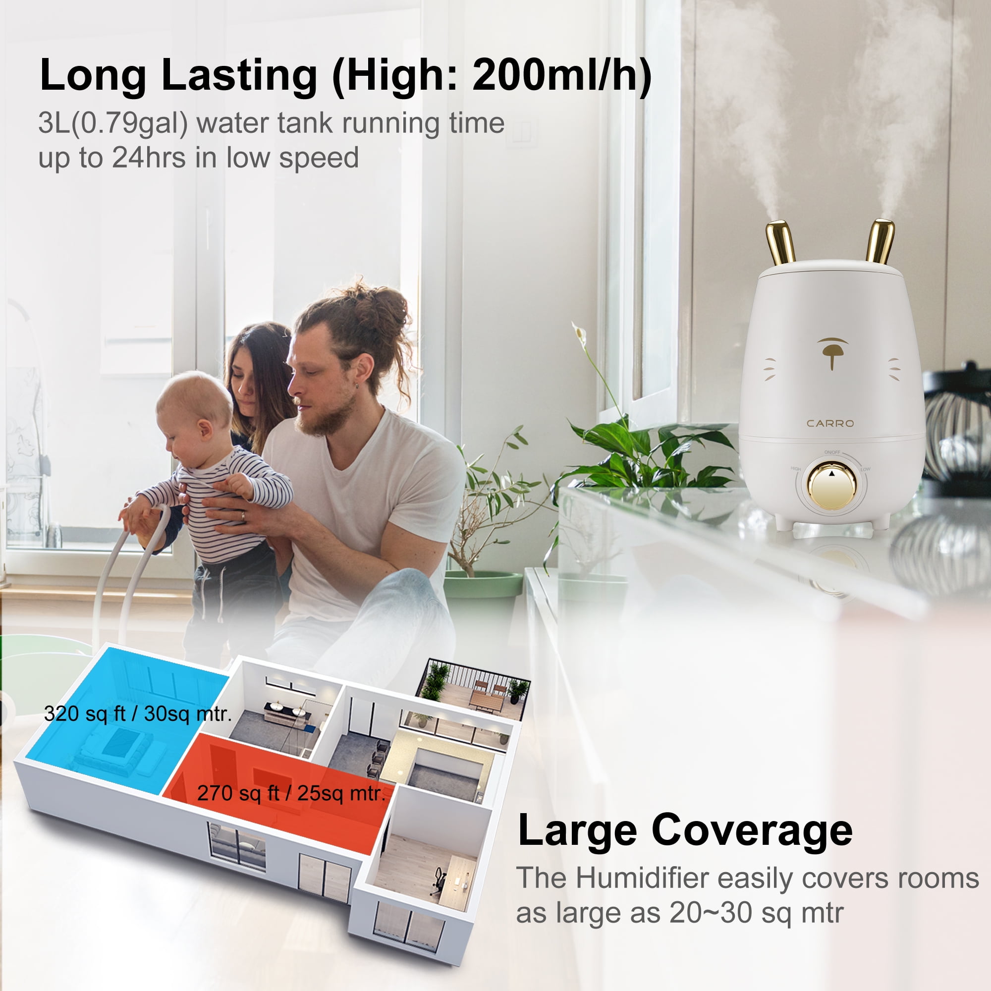 0.8 gal Ultrasonic Cool Mist Humidifier with 360° Rotatable Nozzle Essential Oils Tray Auto Shut-off