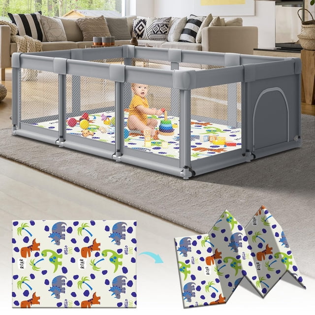 Parque infantil Fshibila, 74 x 50 cm, grande, con suave alfombrilla gris anticaída