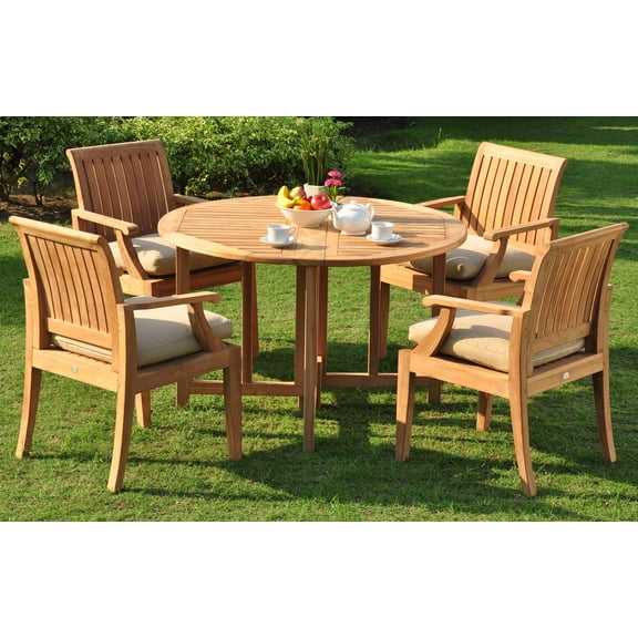 Teak Dining Set:4 Seater 5 Pc - 48" Round Butterfly Table And 4 Lagos Arm / Captain Chairs Outdoor Patio Grade-A Teak Wood WholesaleTeak #WMDSLG1