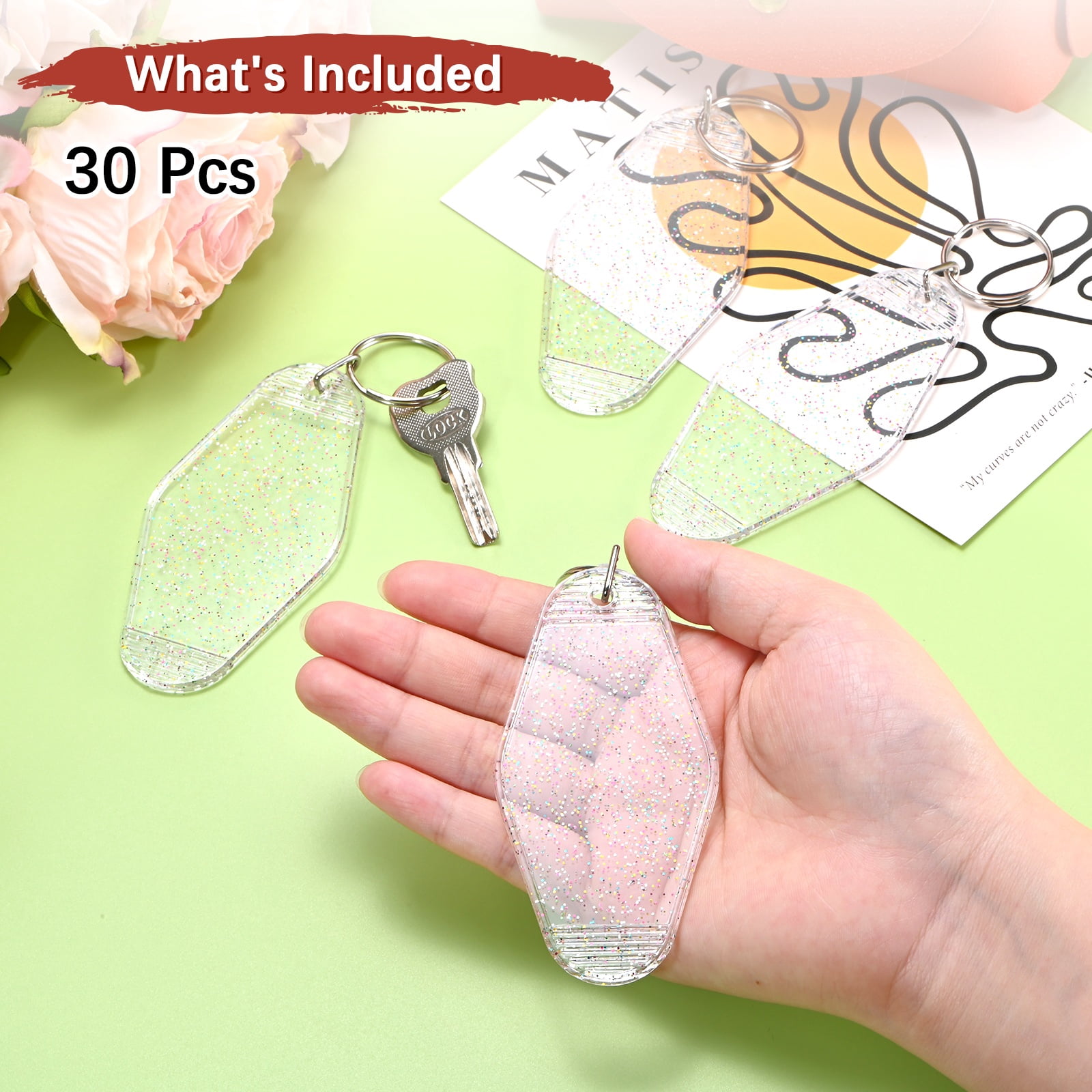 Blank Hotel Keychain Tags [30PCS] - Plastic Rhombus Blank Motel Keychain for Luggage Labels [Glitter Clear] Vintage Key Tags