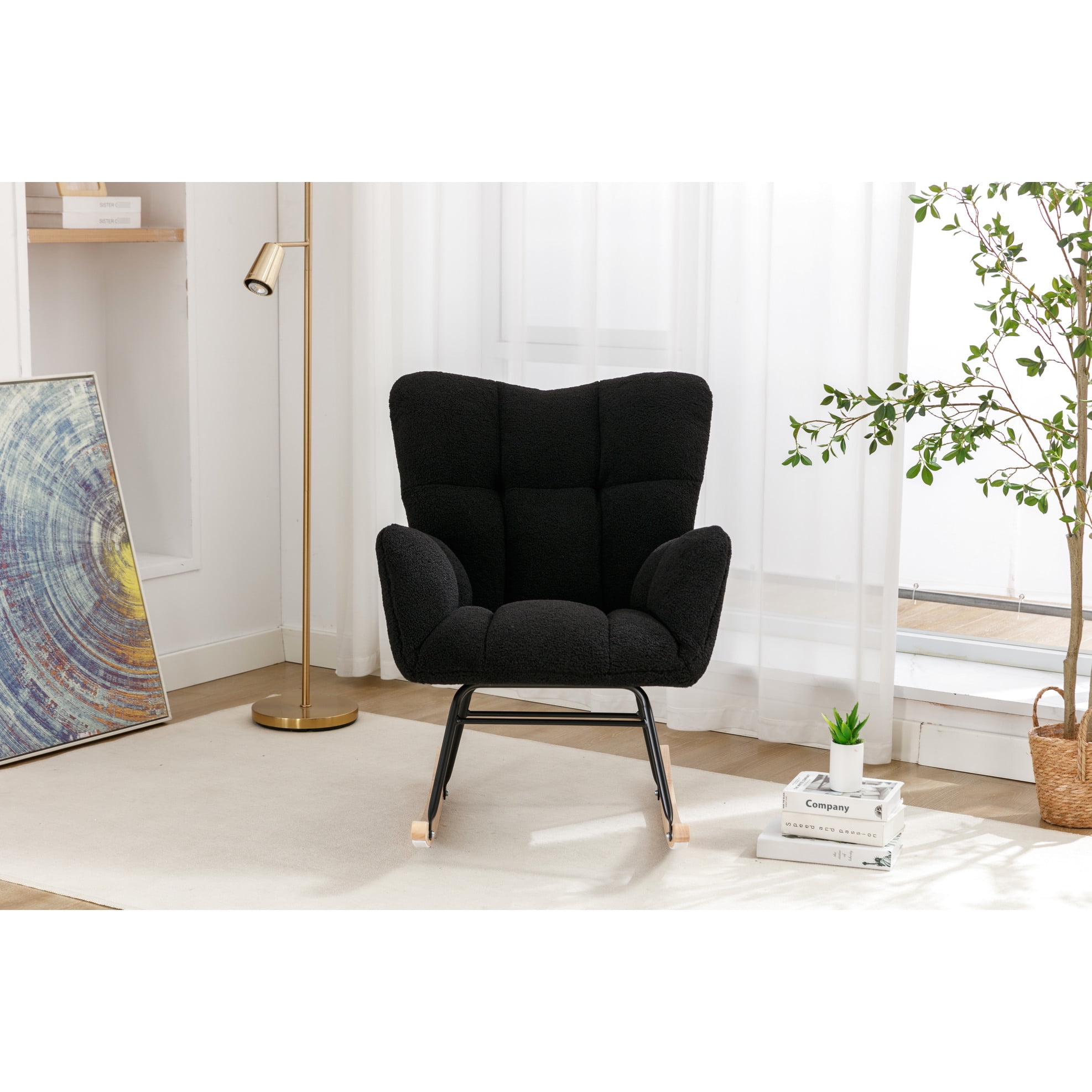 Modern Bedroom Rocking Glider Chair - Eucalyptus Wood And Foam Filled With Black Fabric