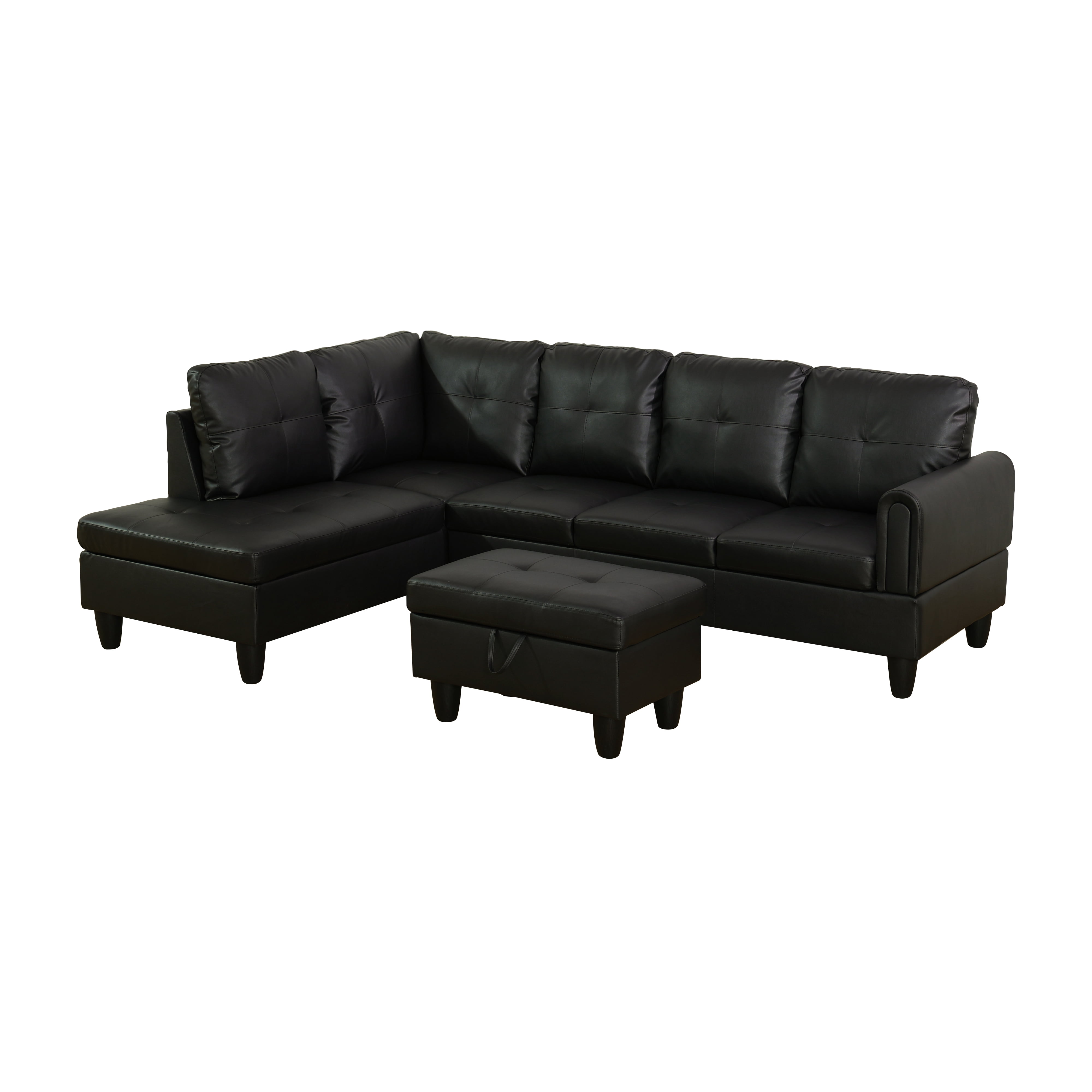 MAYEERTY 97" Faux Leather Sectional Sofa, 3-Piece Couch Living Room Sofa Set with Ottoman, Black (Left)