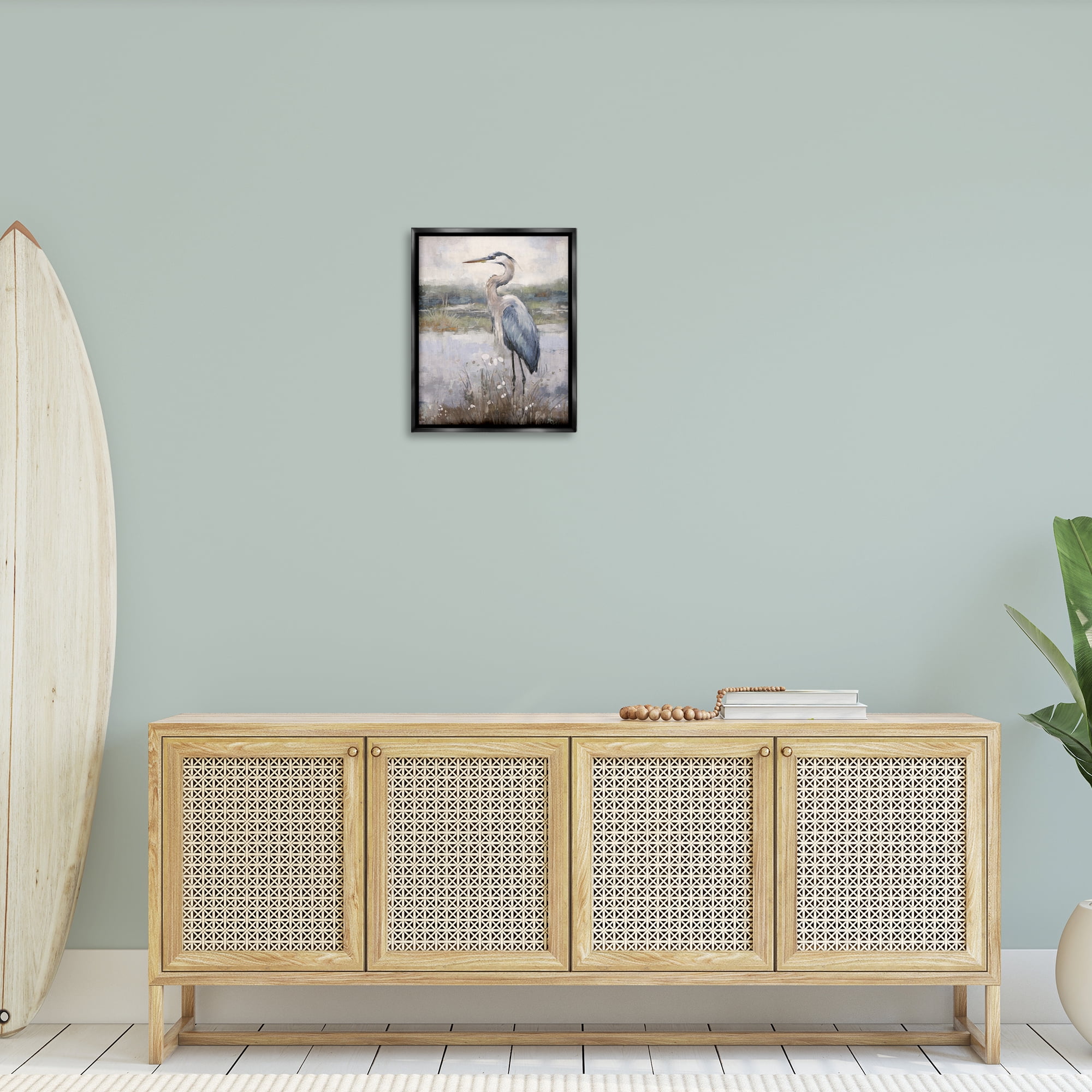 Stupell Industries Coastal Heron on Riverbank Landscape & Nature Painting Black Floater Framed Canvas Art Print Wall Art, 17 x 21