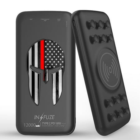 

INFUZE Qi Wireless Portable Charger for Samsung Galaxy A42 5G External Battery (12000 mAh 18W Power Delivery USB-C/USB-A 3.0 Ports Suction Cups) with Touch Tool - Thin Red Line Spartan