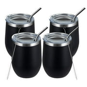 Wine Tumbler, 12oz 4 Pack Insulated Wine Tumbler with Lid and Straw, Double Wall Vacuum Stainless Steel for Cold & Hot Drinks, Black