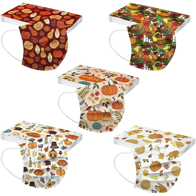 HUGFEGWE 50Pcs Fall Disposable Adults Face Masks,3 Ply Protective Disposable Face Masks with Maple Leaf Thanksgiving Designs (Fall/Thanksgiving F) CJB91-40801