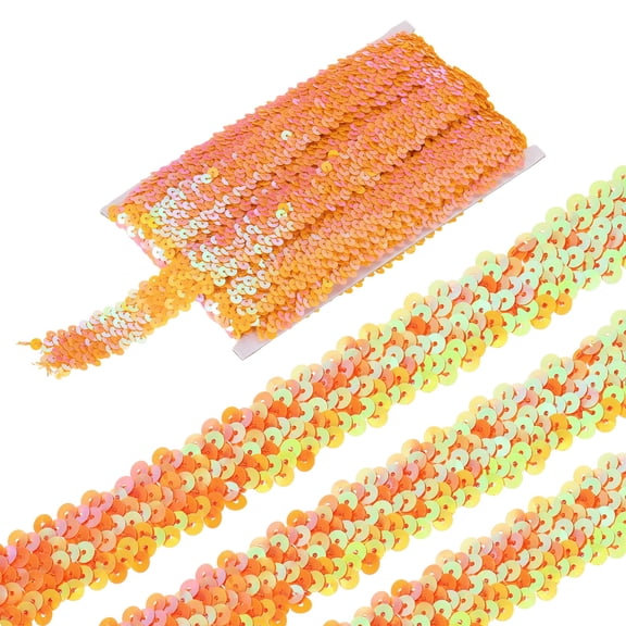 Uxcell 5 Yards 1.2 Inch Elastic Sequins Trim 3 Row Flat Sequin Strip Paillette Fabric Ribbon for Crafts DIY Fringe Sewing Costume Dress, AB Orange