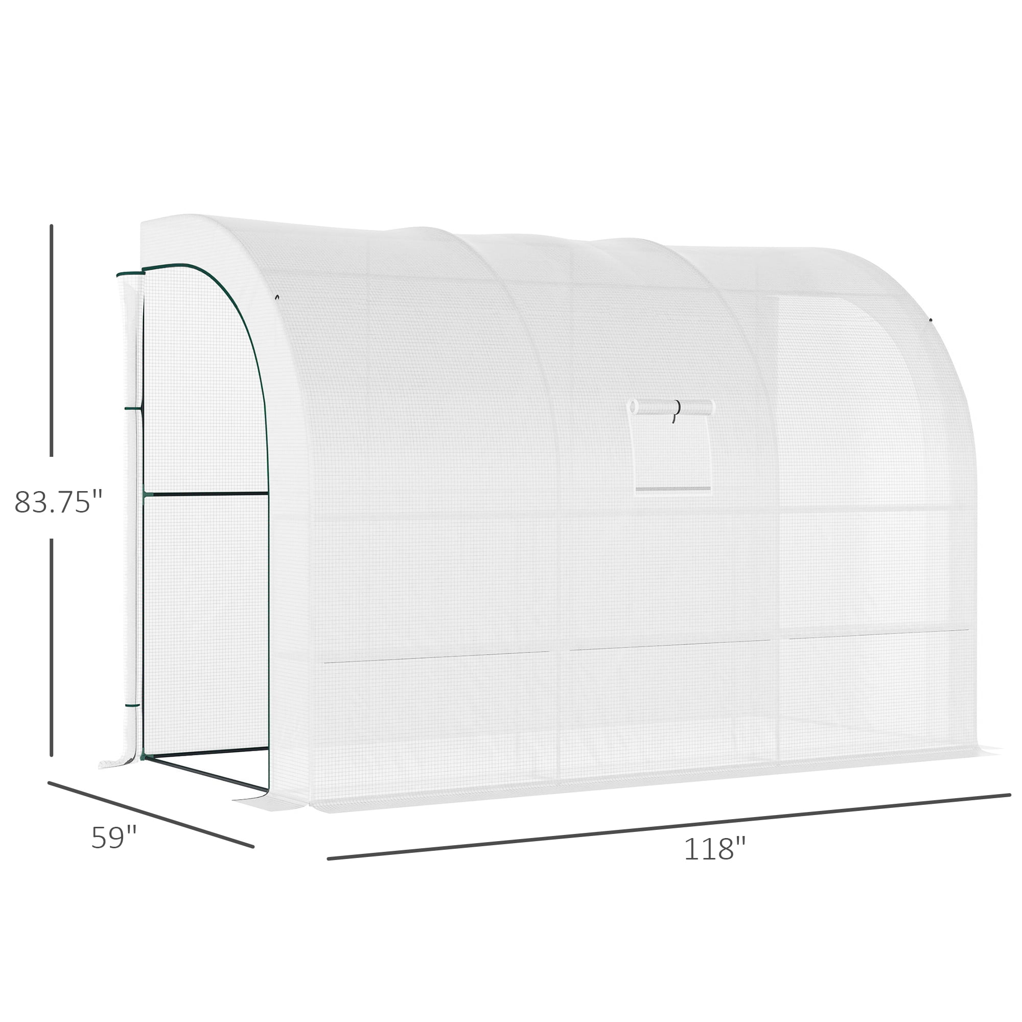 Outsunny 10' x 5' x 7' Lean to Greenhouse, Walk-In Green House, Plant Nursery with 2 Roll-up Doors and Windows, PE Cover and 3 Wire Shelves, White