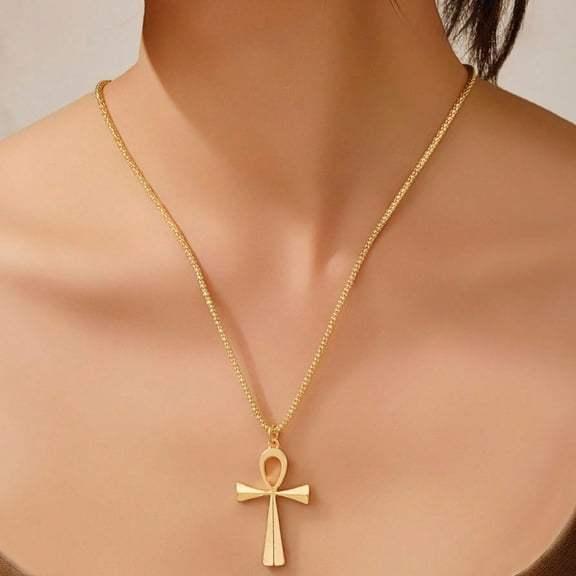 14K Yellow Gold Religious Egyptian Cross Ankh Life Pendant Necklaces Hip Hop Dagger Sword Gothic Star Men Collares Jewelry