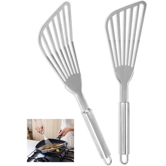 Fish Spatula Stainless Steel , 2 Pack Fish Turner Spatula,Metal Spatula for Kitchen Use, Slotted Spatulas, Frying Spatula with Thin Edge Ideal for Flipping Fish Egg Patties（Silver)