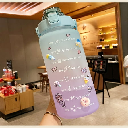 

2L Sports Straw Water Bottle With Stickers Portable Large Capacity Fitness Bike Cup Summer Ice Cold Water Jug With Time Marker