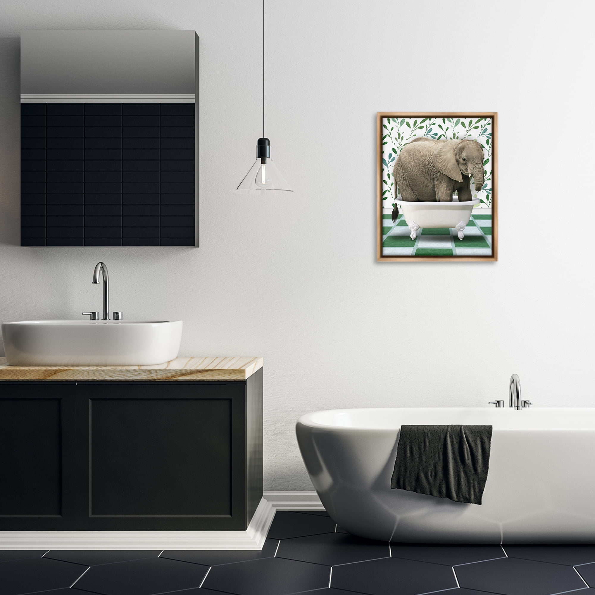 Stupell Industries Bathing Elephant on Green Bath & Laundry Painting Brown Floater Framed Canvas Art Print Wall Art, 17 x 21