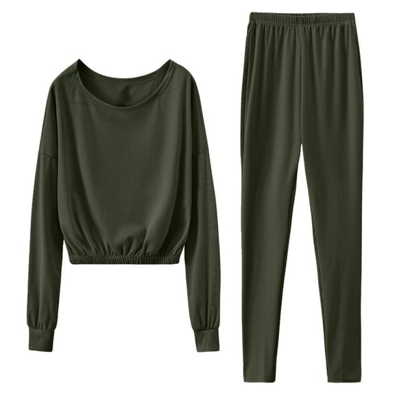 2 Piece Outfits for Women Long Sleeve Pants Sweatsuits Women's Fashion Home Suit Pullover Crewneck Sweatshirt Solid Color Lounge Sets (Army Green L)