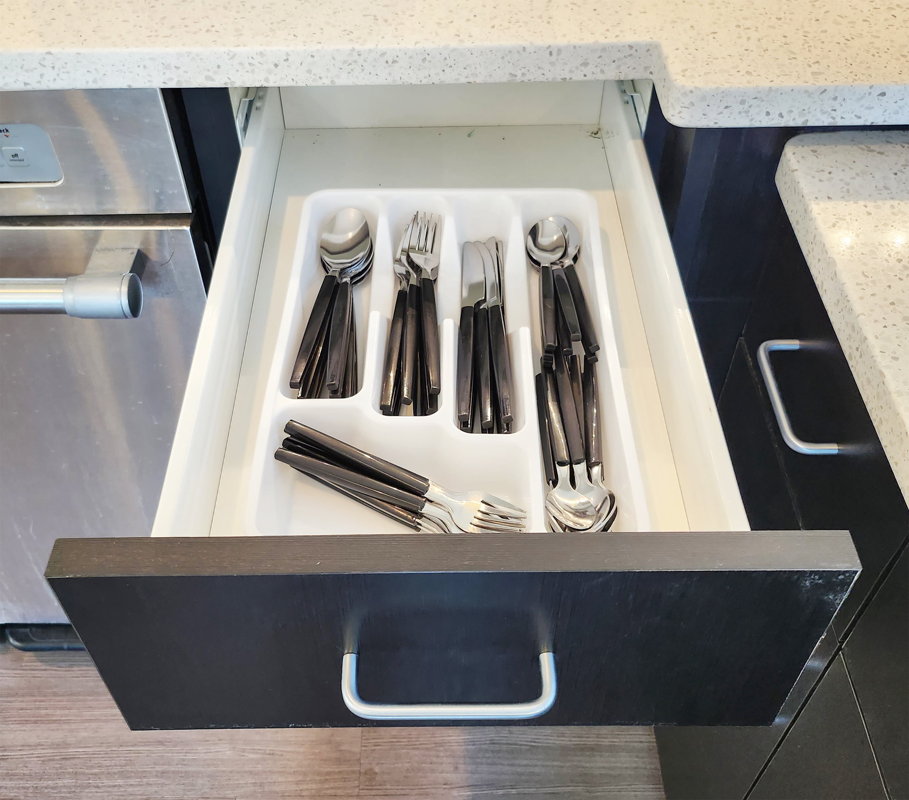 Mainstays 49 Piece Stainless Steel and Plastic Flatware Set with Tray, Blue Cove, Service for 8