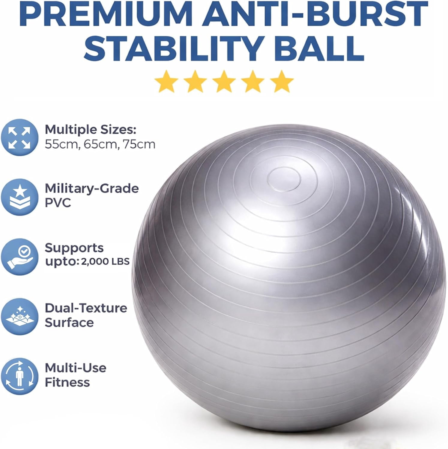 Anti Burst Fitness Ball for Exercise, Stability, Yoga, Balance, Core Strength & Flexibility Extra Thick, Non-Slip Gym Ball for Home & Office Workout, 75cm