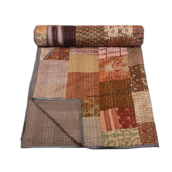 Indian Silk Kantha Quilt, Kantha Bed Cover, Handmade Kantha Bedspread Blanket ,Kantha Blanket Size - King - 108" x 108"