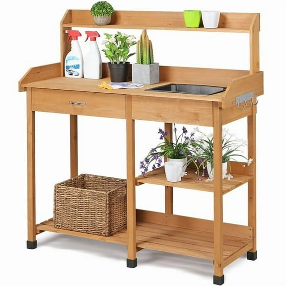 RTRWDC Garden Potting Bench, 100% Fir Wood Outdoor Workstation with Removable Sink, Drawer & Adjustable Shelf, 3 Side Hooks for Garden/Backyard (Natural Wood Color)