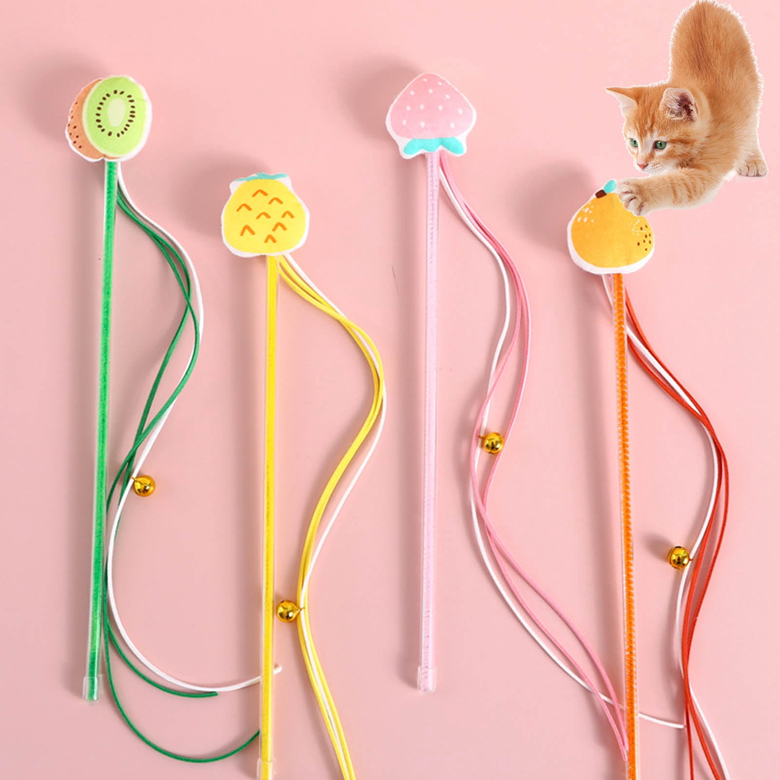 DOPI Cats Wand Toy Cartoon Fruit Pattern Pet Interactive Elastic Rod Pet Kitten Teaser Stick Tassel Toys with Bell Cats Supplies
